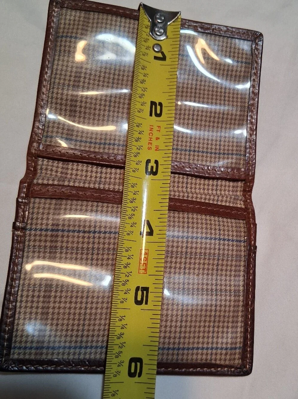 Vintage Fossil Brown Leather Slim Bifold Card Case Wallet Plaid ID Window Y2K